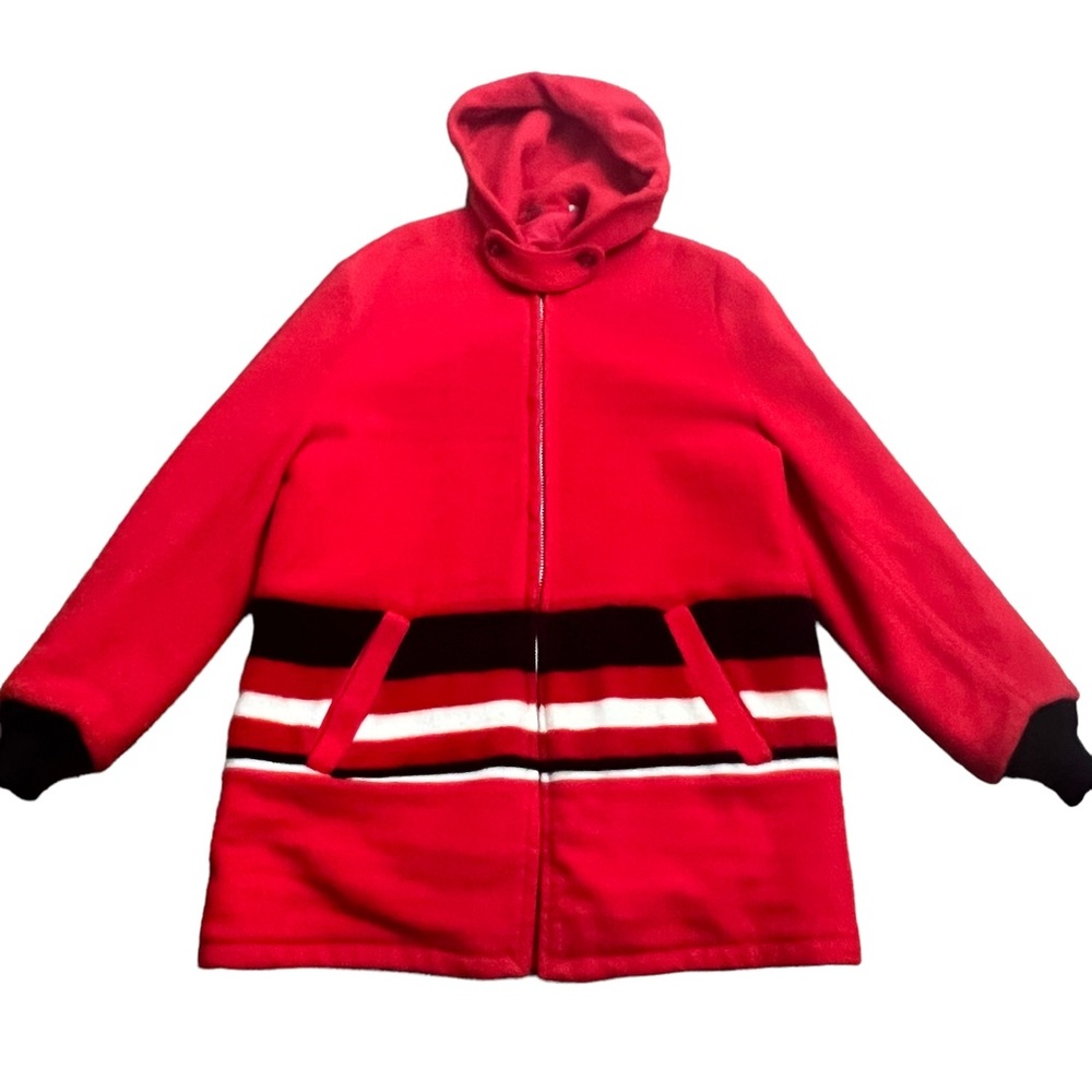 Vintage 1950’s Wool Blanket Coat With Hood, Red, Talon Zipper, Blanket Coat S/M